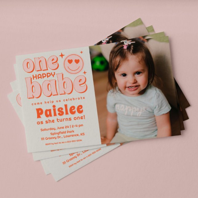 Retro One Lycklig Babe Photo First Birthday Inbjudningar (Skapare uppladdad)
