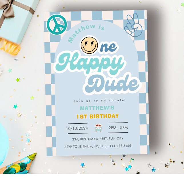 Retro One Lycklig, Groovy Boy 1:a födelsedag Inbjudningar (Retro One Happy Dude Groovy Boy 1st First Birthday Invitation)