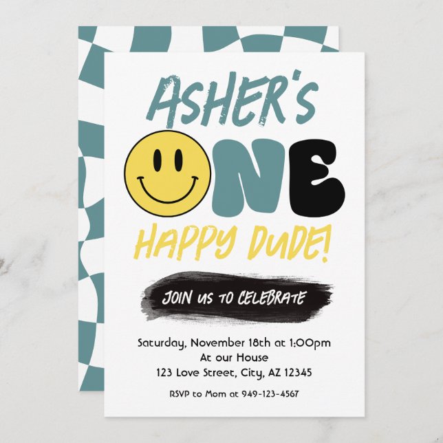 Retro One Lycklig, Lycklig Ansikte första födelsed Inbjudningar (Fram/baksida)