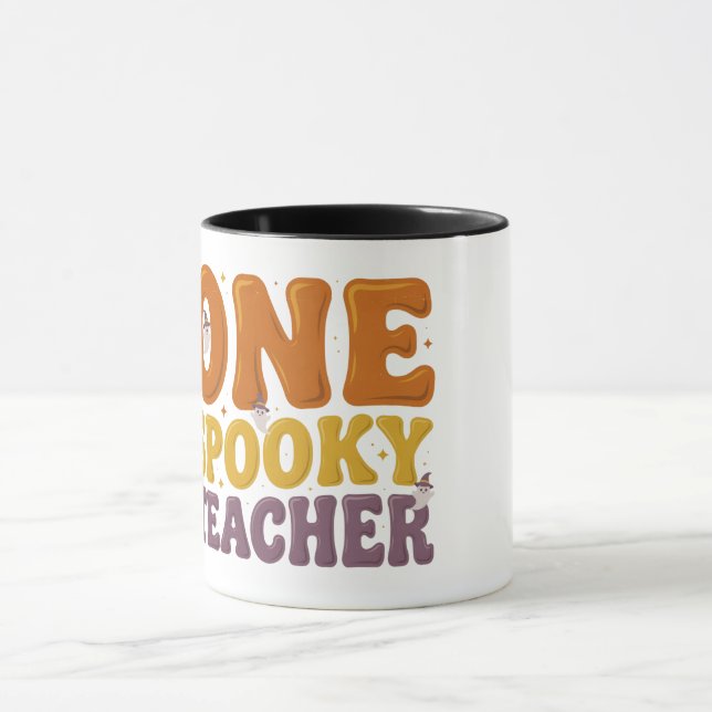 Retro One Spooky Teacher Groovy Halloween Mug Mugg (Center)