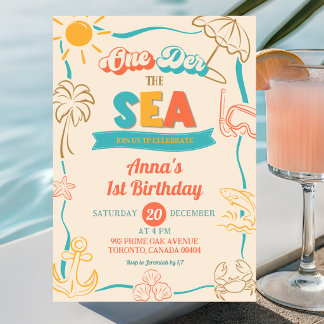 Retro Oneder Vid Havet Första Födelsedag Inbjudningar