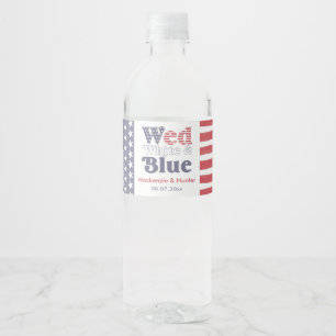 Retro Ons White Blue Bakgård Bröllop Duschar Vattenflaskor Etikett