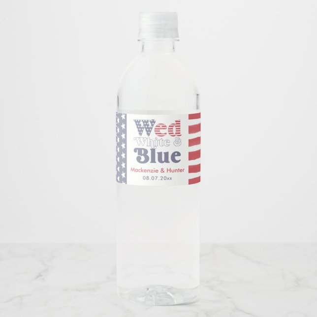 Retro Ons White Blue Bakgård Bröllop Duschar Vattenflaskor Etikett (Framsida)