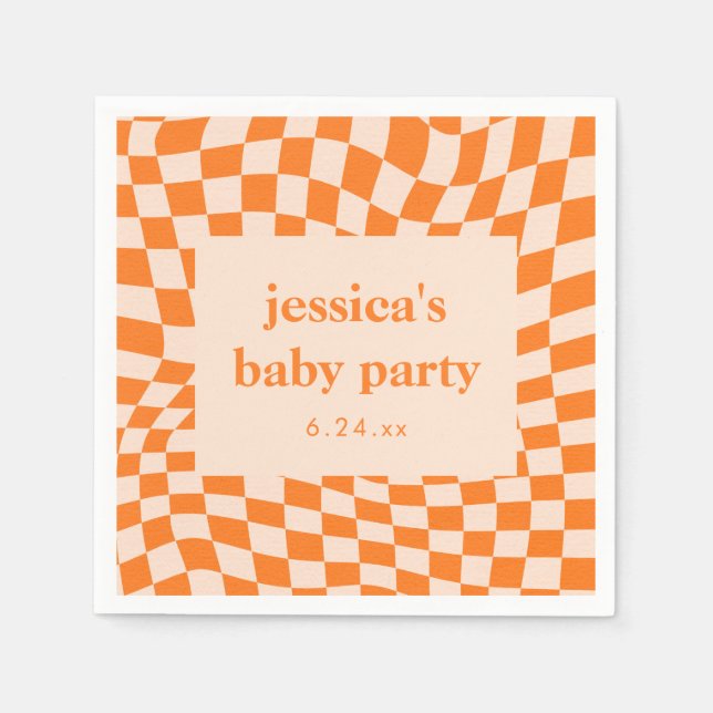 Retro Orange Abstract Checkerboard Baby Shower Pappersservett (Framsidan)