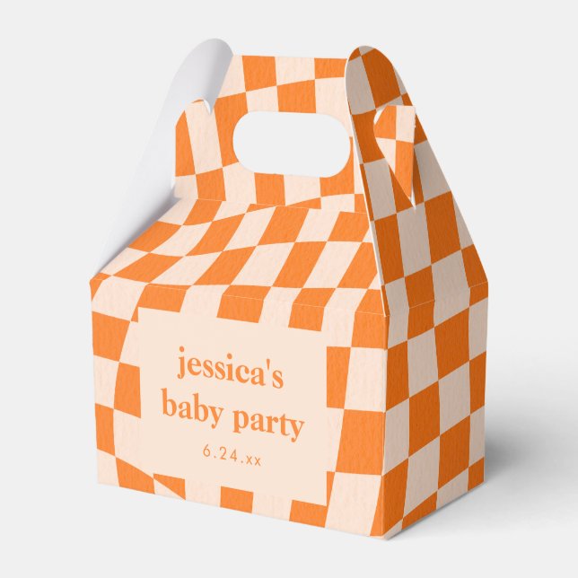Retro Orange Abstract Checkerboard Baby Shower Presentaskar (Framsidan Sidan)