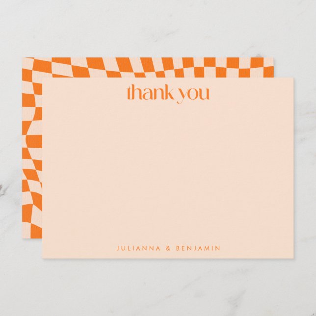 Retro Orange Abstract Checkerboard Wedding Custom Tack Kort (Fram/baksida)