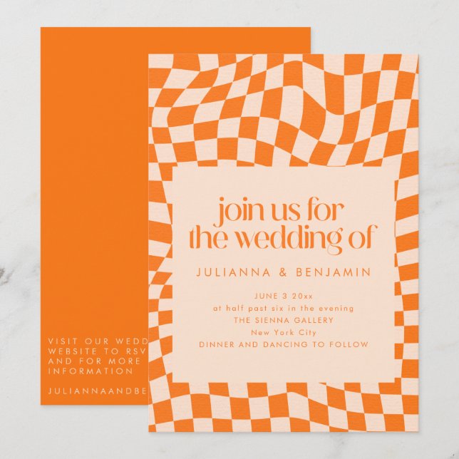 Retro Orange Abstrakt Rutig Bröllops QR-kod RSVP Inbjudningar (Fram/baksida)