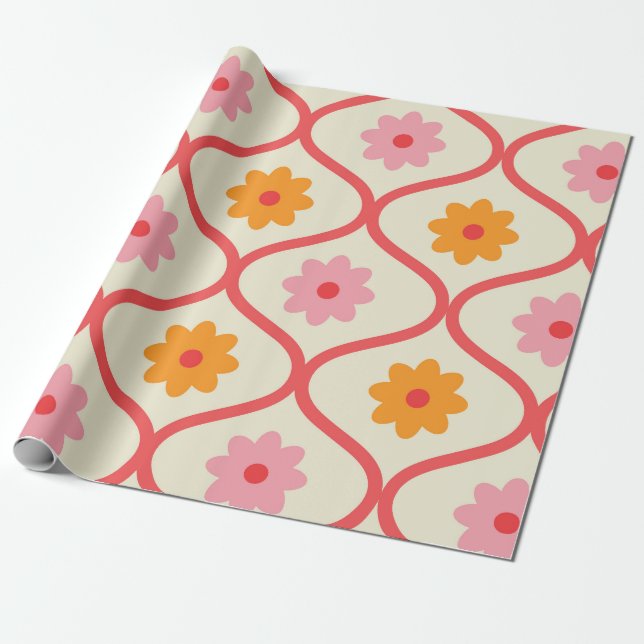 Retro Orange and Pink flowers on Ogee Pattern  Presentpapper (Utrullad)