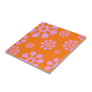 Retro Orange and Rosa Blommigt Trivet Kakelplatta