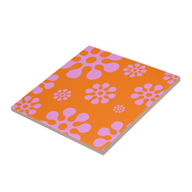 Retro Orange and Rosa Blommigt Trivet Kakelplatta (Sidan)