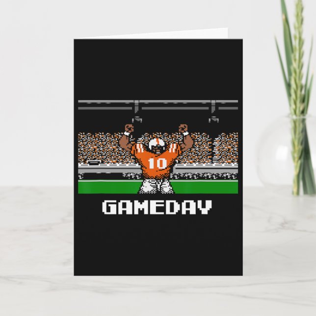 Retro Orange And White Footbyll Gameday 8 Bit Vide Kort (Framsida)