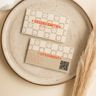 Retro Orange Beige QR-kod Rutig Groovy Blommig Visitkort