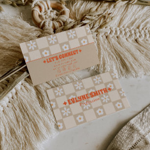 Retro orange beige rutig groovy blomster boho visitkort