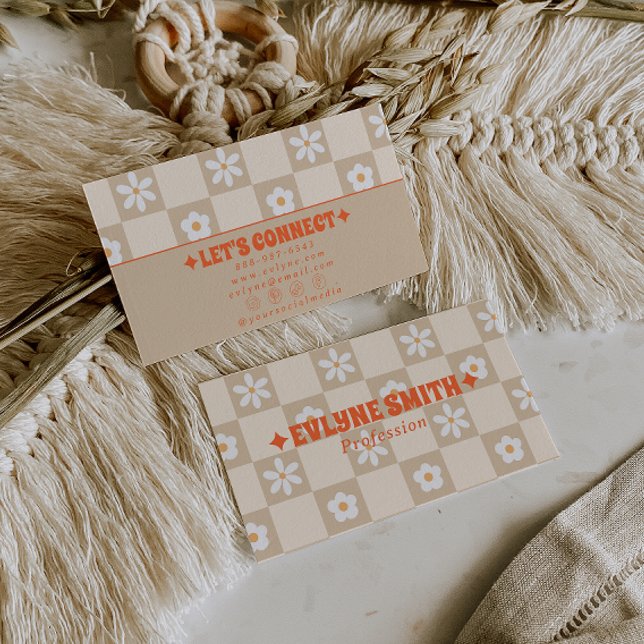 Retro orange beige rutig groovy blomster boho  visitkort (Skapare uppladdad)