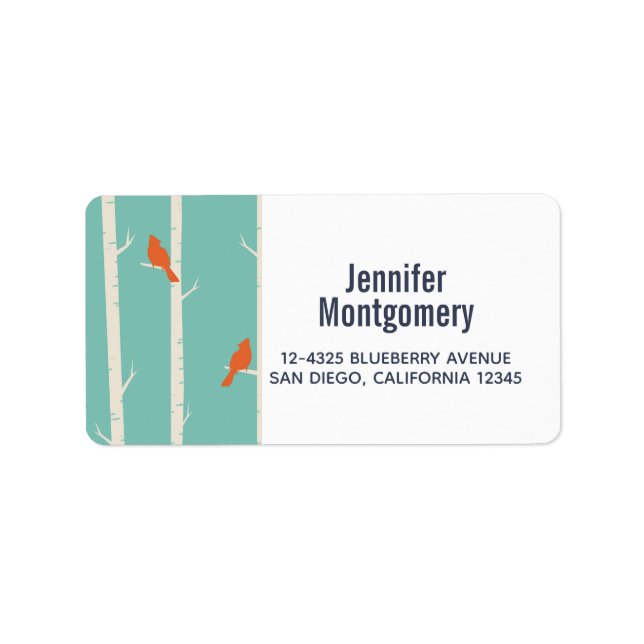 Retro Orange Birds on Birch Träd Illustration Adressetikett (Framsidan)