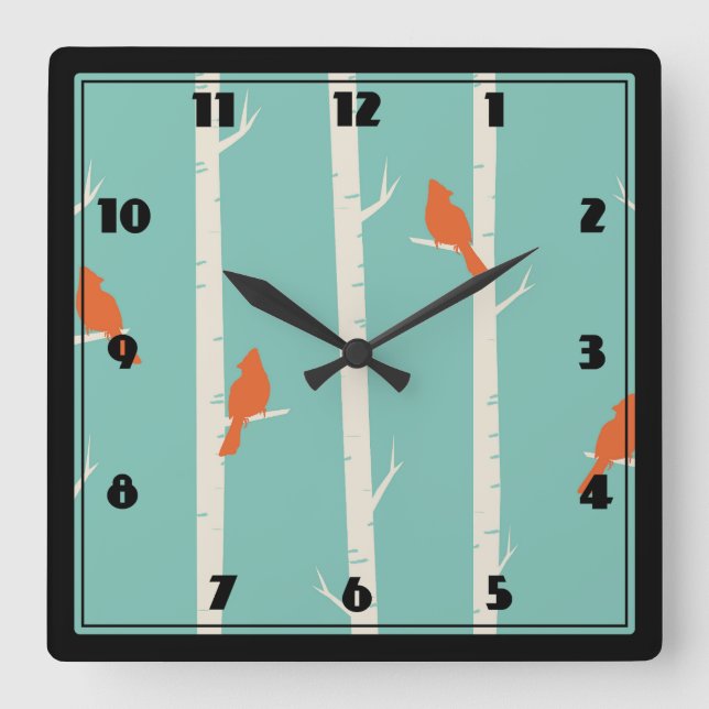 Retro Orange Birds on Birch Träd Illustration Fyrkantig Klocka (Framsida)