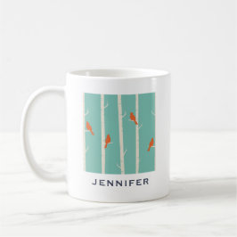 Retro Orange Birds on Birch Träd Illustration Kaffemugg