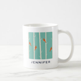 Retro Orange Birds on Birch Träd Illustration Kaffemugg