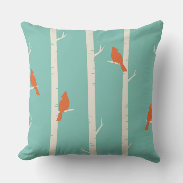 Retro Orange Birds on Birch Träd Illustration Kudde (Framsida)