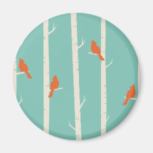 Retro Orange Birds on Birch Träd Illustration Magnet