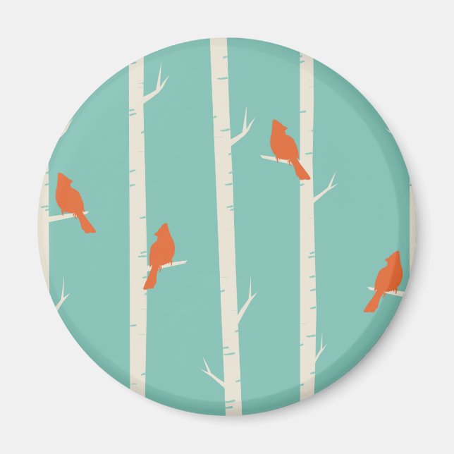 Retro Orange Birds on Birch Träd Illustration Magnet (Framsidan)