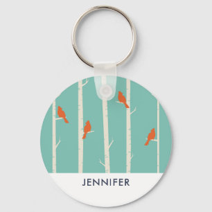 Retro Orange Birds on Birch Träd Illustration Nyckelring