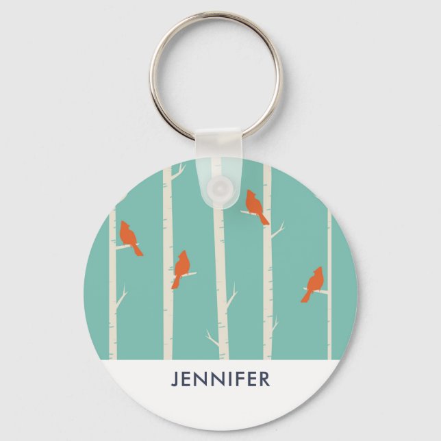 Retro Orange Birds on Birch Träd Illustration Nyckelring (Framsida)