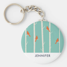 Retro Orange Birds on Birch Träd Illustration Nyckelring