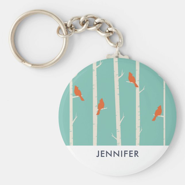Retro Orange Birds on Birch Träd Illustration Nyckelring (Framsidan)