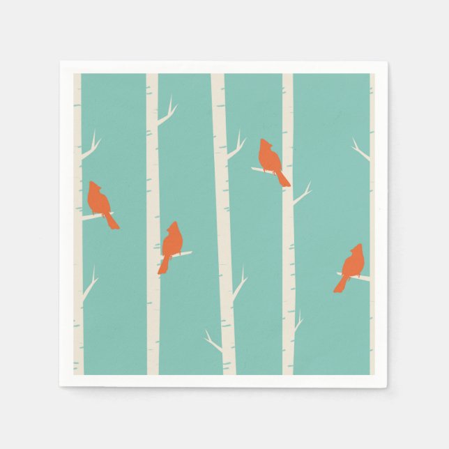 Retro Orange Birds on Birch Träd Illustration Pappersservett (Framsidan)