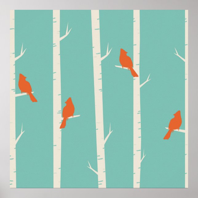 Retro Orange Birds on Birch Träd Illustration Poster (Framsidan)