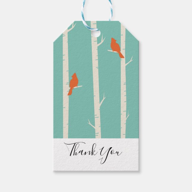 Retro Orange Birds on Birch Träd Illustration Presentetikett (Framsidan)