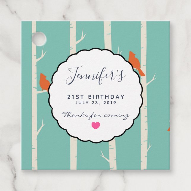 Retro Orange Birds på Birch Träd Birthday Tack Gåvor Etiketter (Framsida)