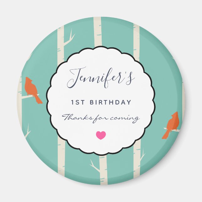 Retro Orange Birds på Birch Träd Birthday Tack Magnet (Framsidan)