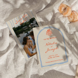 Retro Orange Blå Handritad Trendig Bröllop Spara Datumet