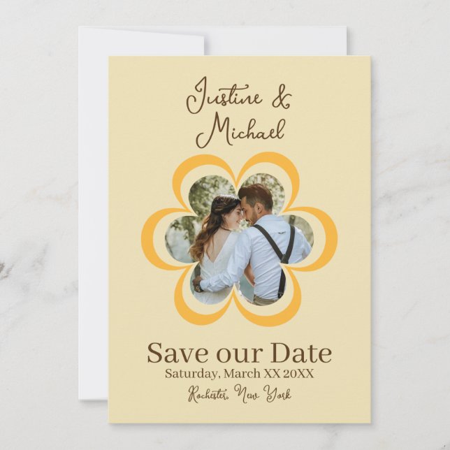 Retro Orange Blomma Foto Bröllop Spara Datum Inbjudningar (Framsida)