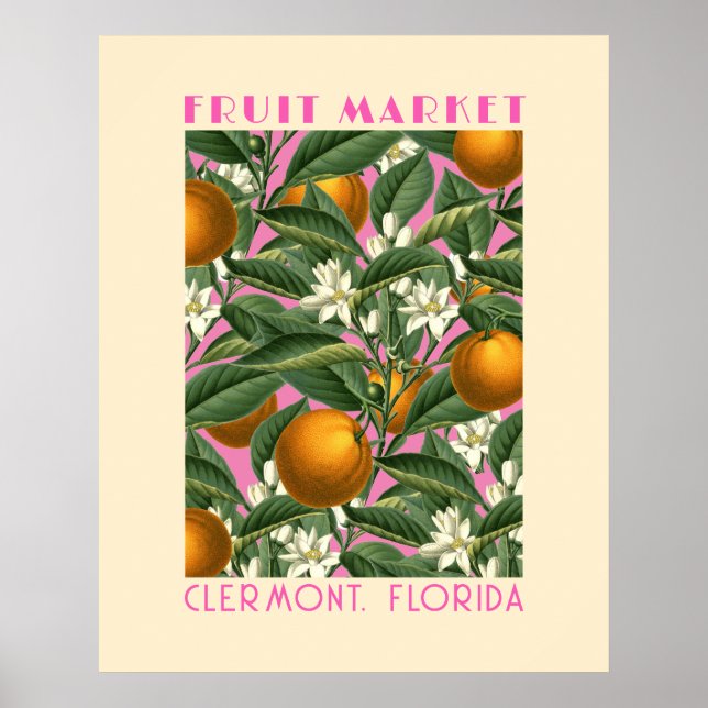 Retro Orange Blommar Frukt Rosa på marknaden Poster (Framsidan)