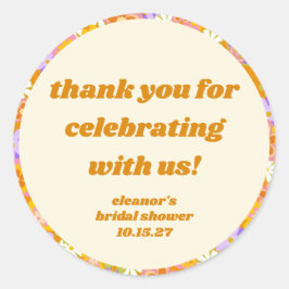 Retro Orange Blommig Bröllopsdusch Tack Kort Perso Runt Klistermärke