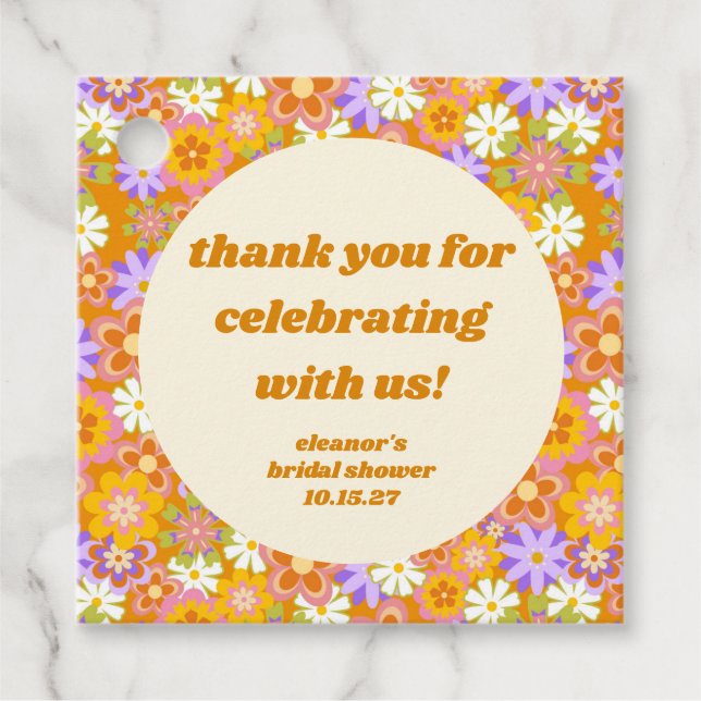 Retro Orange Blommig Bröllopsfest Tack Kort Gåvor Etiketter (Framsida)