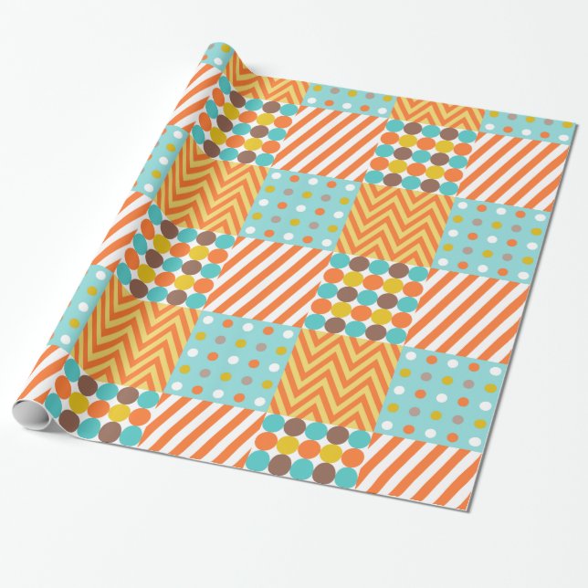 Retro Orange Blue Mustard Gult Patchwork Mönster Presentpapper (Utrullad)