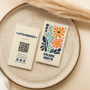 Retro Orange Blue QR Code Groovy Blommigt Boho Chi Visitkort