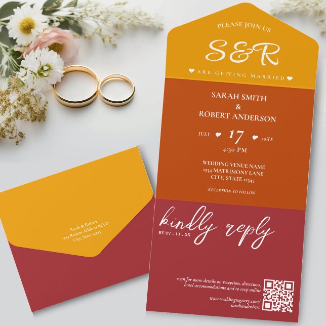 Retro Orange Burgundy QR-kod Bröllop (Retro Orange Burgundy QR Code Wedding All In One Invitation)