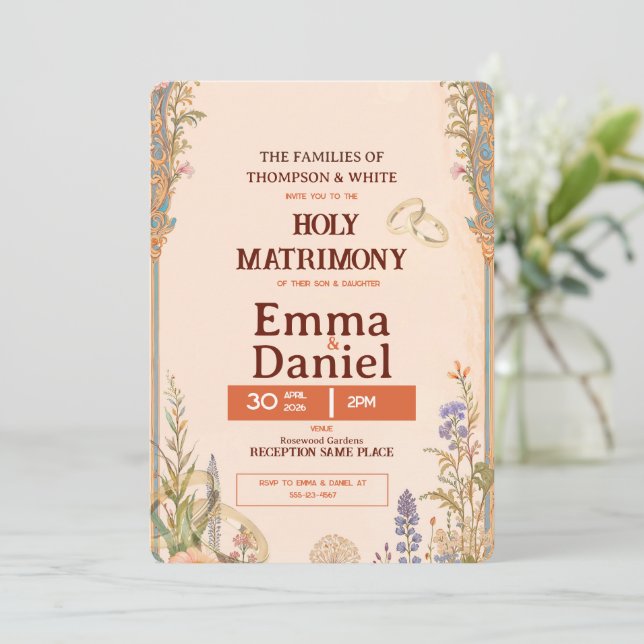 Retro Orange Chic Wedding Invitation Inbjudningar (Stående Fram)