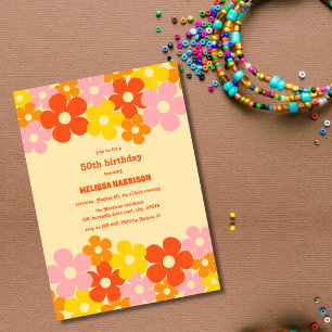 Retro Orange Colorful Boho Flower 50:e födelsedage Inbjudningar