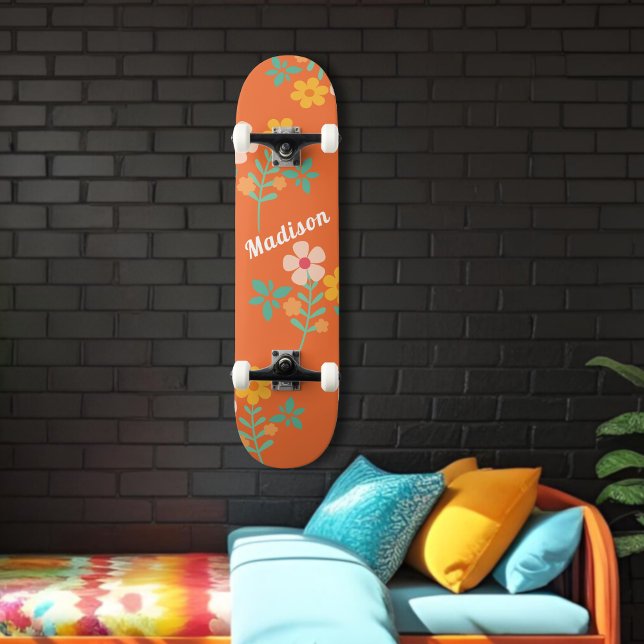 Retro Orange Daisy Bouquet Mönster Skateboard (Skapare uppladdad)