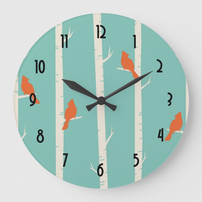 Retro orange fåglar på björkträdillustration stor klocka (Framsida)