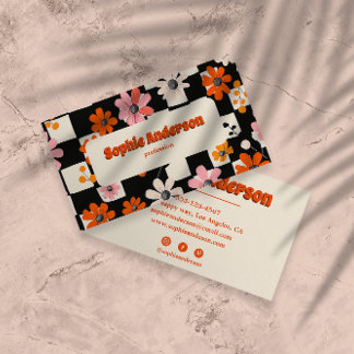 Retro Orange Floral Checkered Business Card Visitkort