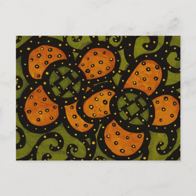 Retro Orange Flowers On Grönt Art Postcard Vykort (Framsida)