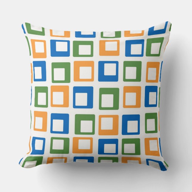 Retro Orange Grönt Blue Squares Mönster Kudde (Framsida)