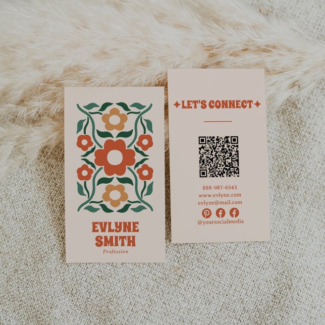 Retro Orange Grönt QR Code Groovy Blommigt Boho Visitkort (Skapare uppladdad)